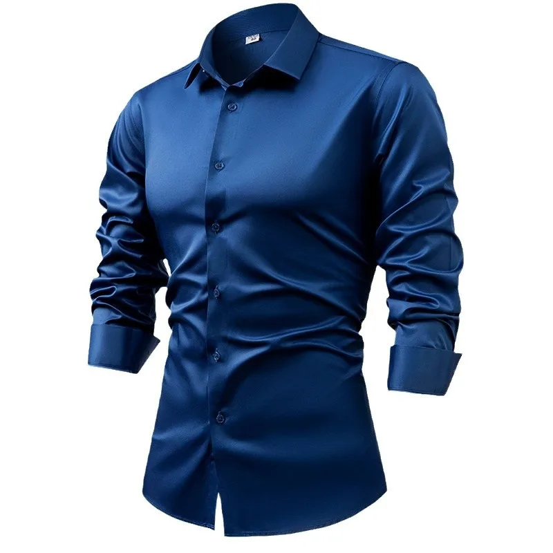 2025 Spring Autumn Royal Blue  - đánh giá và giá Mens Satin Silk Dress Shirt